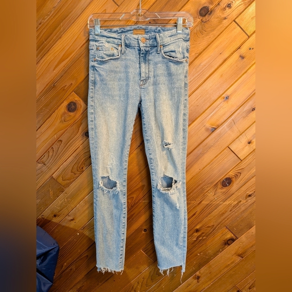 MOTHER Light Blue The Looker Ankle Step Fray Distressed Jeans Size 25